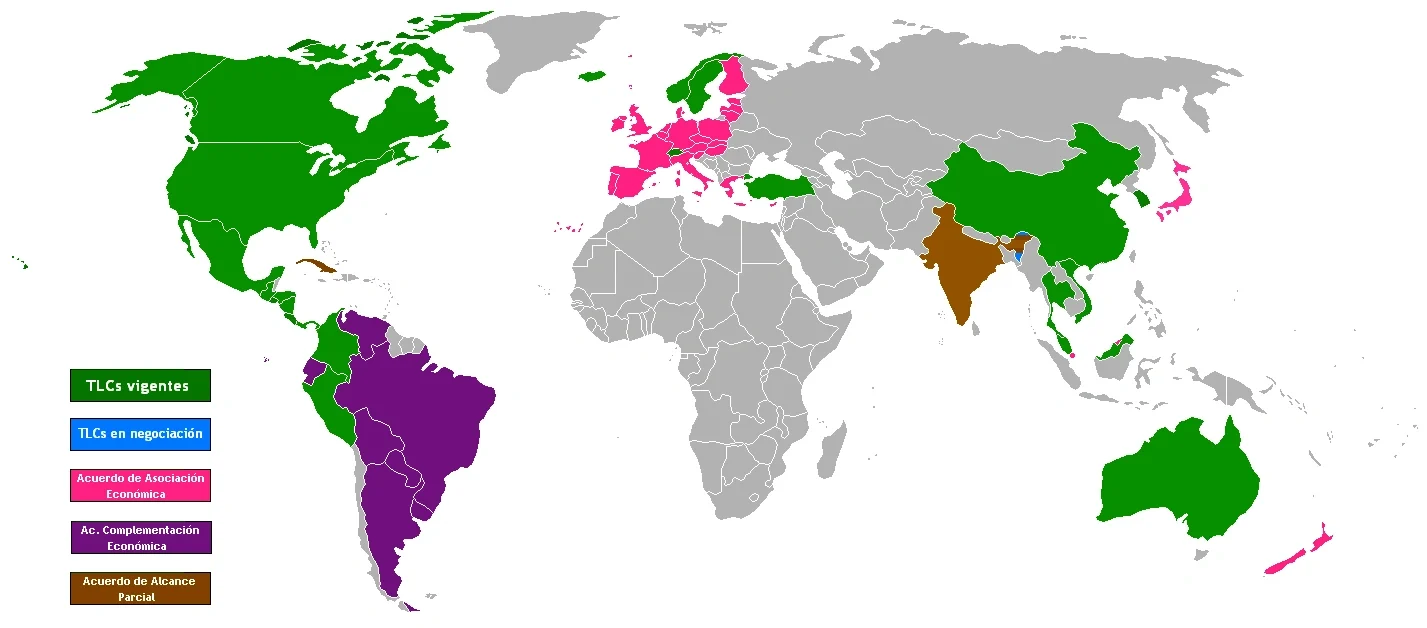 Mapa con TLCs y acuerdos similares de Chile con países y bloques del mundo Mapa con TLCs y acuerdos similares de Chile con países y bloques del mundo